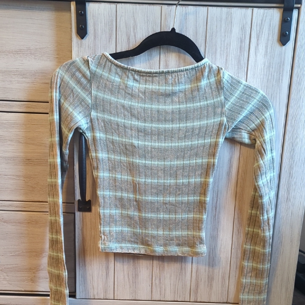 Full Tilt Green and Cream Striped Long Sleeve Tee